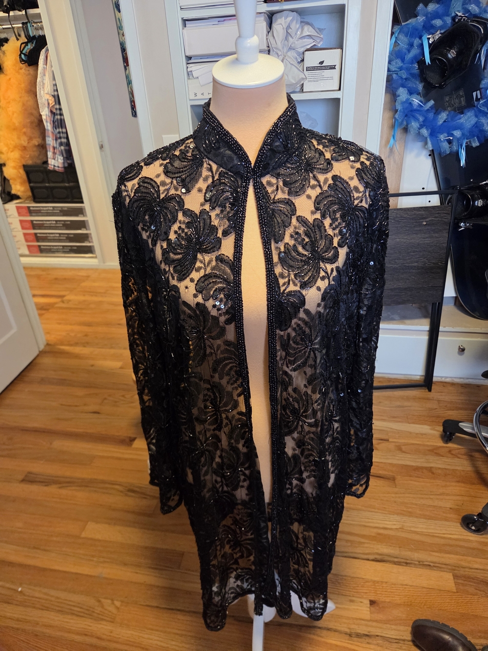 Vintage Black Beaded Floral Lace Longline Blazer Jacket